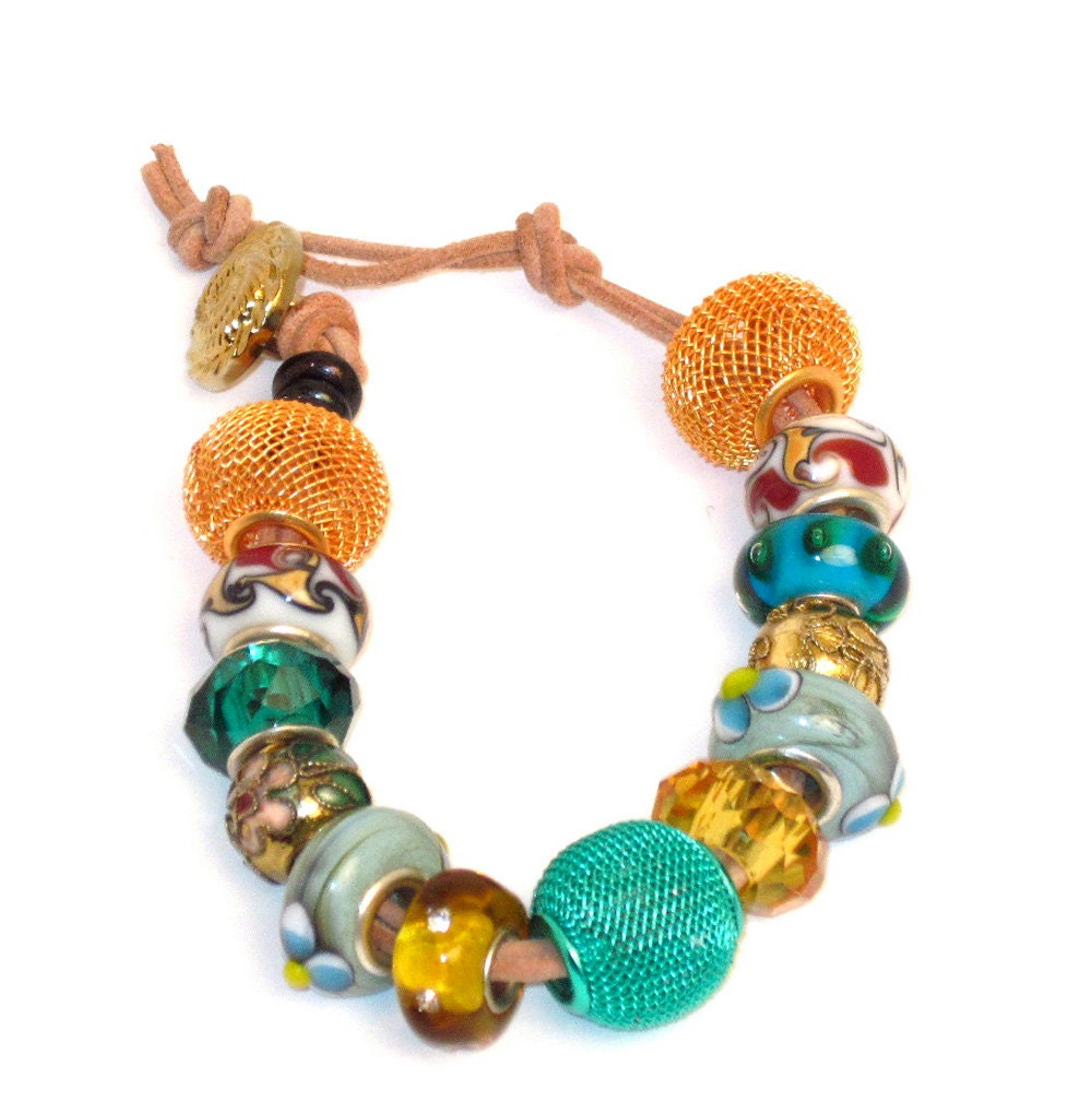 The perfect casual bracelet: Euro bead style bracelet has Metal mesh beads, faceted glass beads, ceramic beads on 2 strands suede - CharmedBaublesNBeads