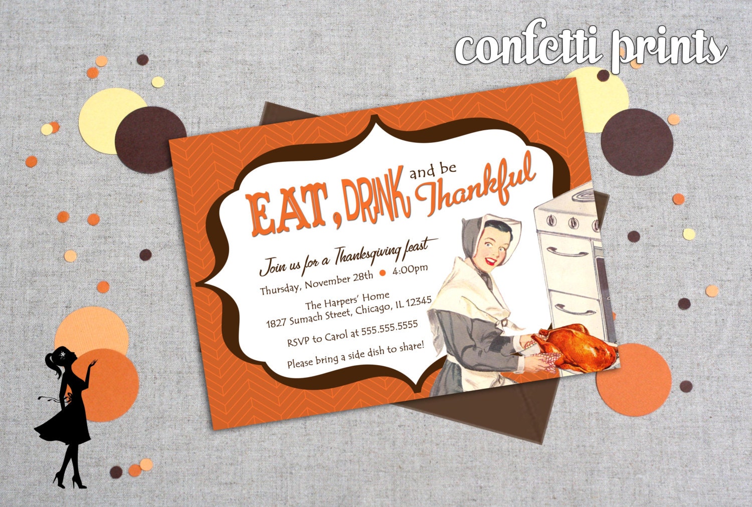 Retro Housewife Thanksgiving Invitation - EAT, DRINK And Be THANKFUL Printable Il_570xn
