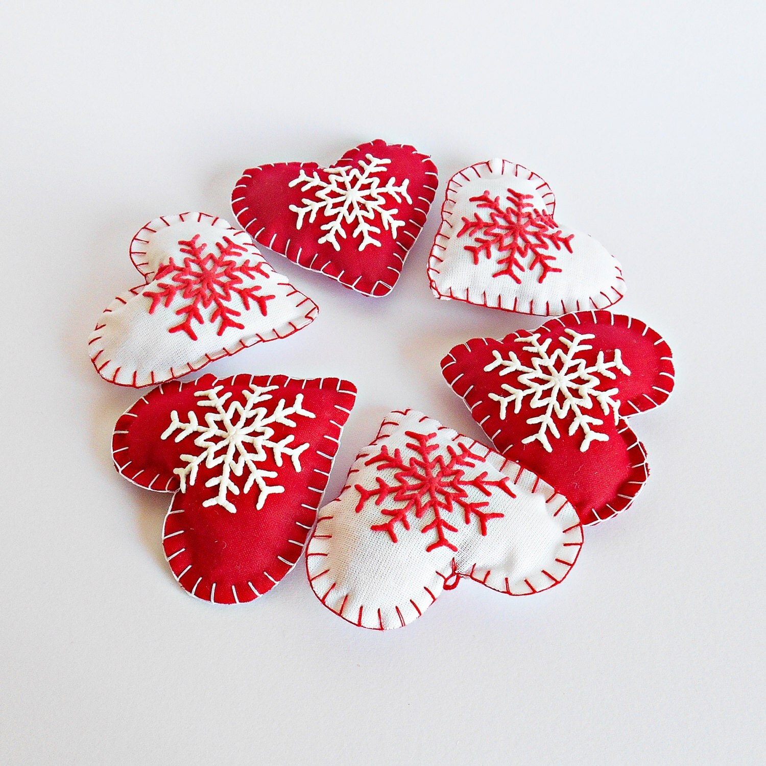 Set of 6 Christmas Hanging Fabric Love Heart with Snowflake in Red and White,Winter Hearts Ornament, Wedding Favor, Christmas Red Hearts