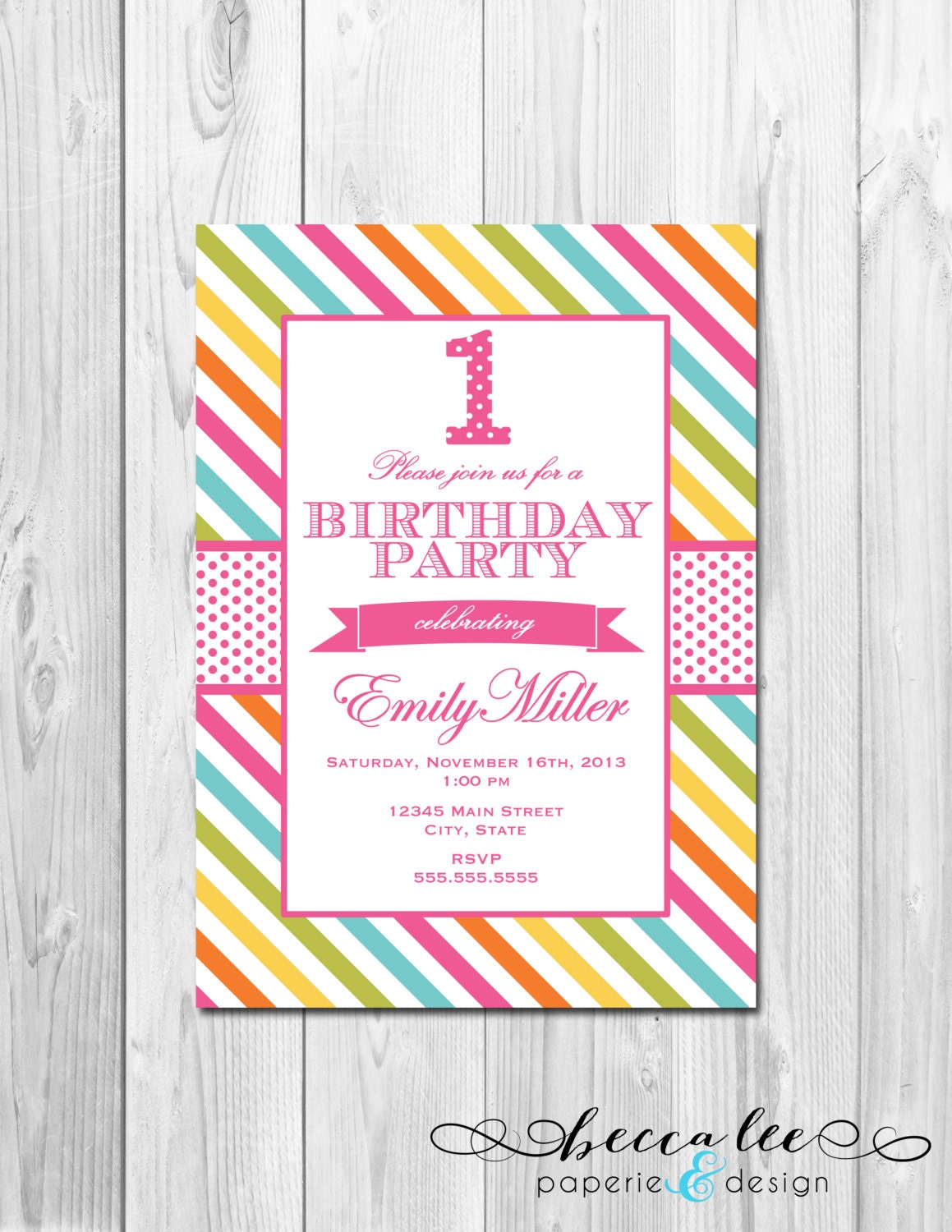 Birthday Party Invitation - Polka Dot Number - Multi Bright Stripe - DIY - Printable Il_570xn