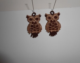 Custom Order machine embroidered fr ee standing lace owl earrings 