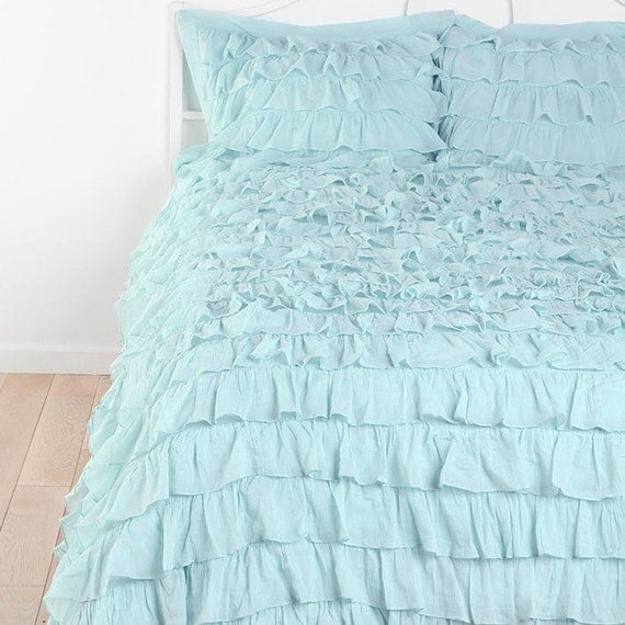 Light Blue Waterfall Ruffle Bedding (Duvet cover, 2 pillow shams)