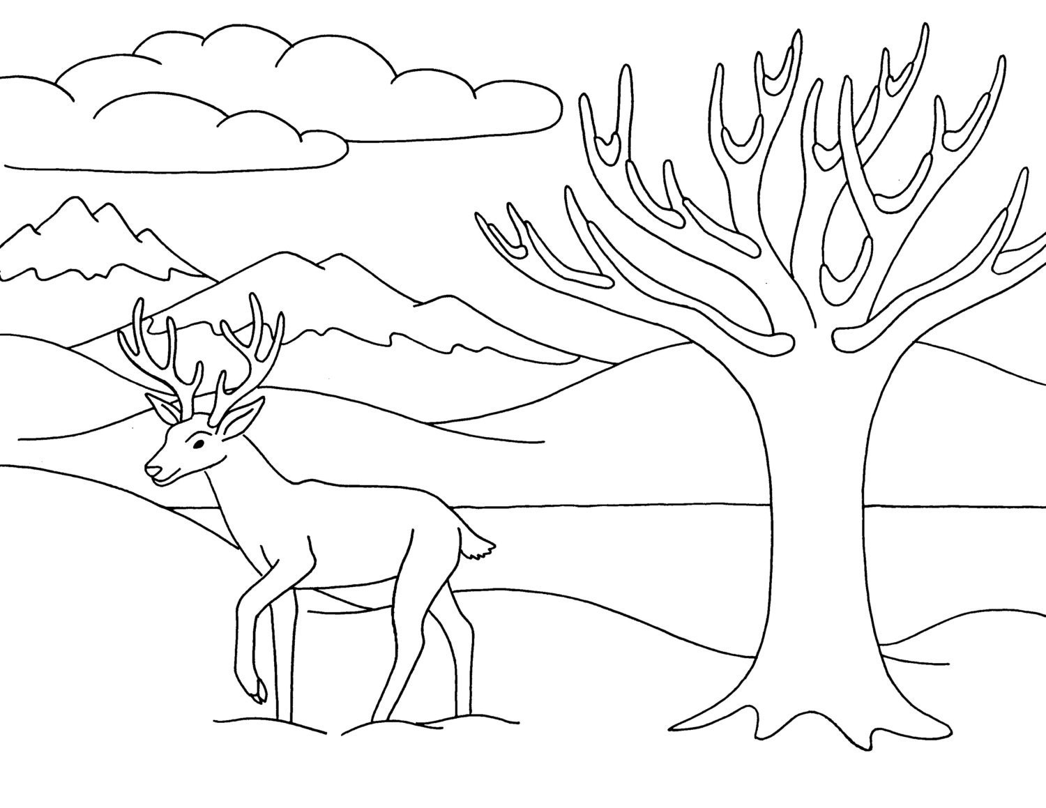 Snowy Scene Deer Printable Coloring Page by BIGCOLORFULWORLD