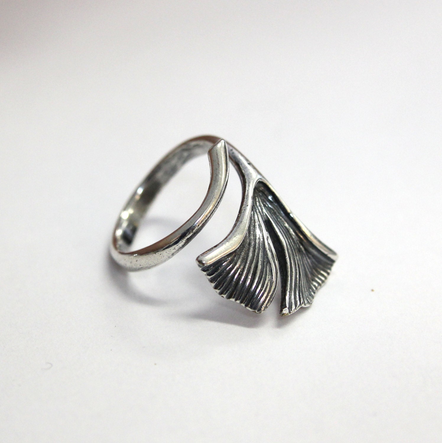Silver Ginkgo Leaf Ring in Solid White Bronze with by mrd74