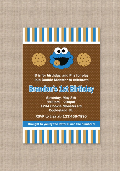 Cookie Monster Birthday Party Invitation Inspired by Honeyprint
