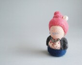 Needle felted brooch Doll with pink hair, pearl hair clip ( grey, neon pink and deep blue ) - MFFabulousCreations