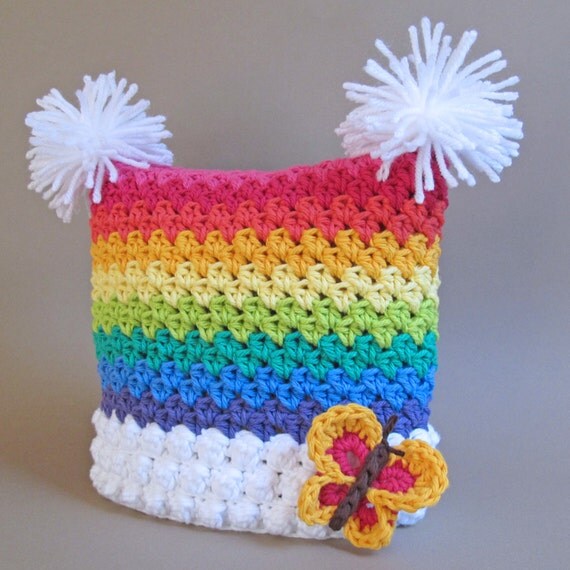 CROCHET PADRÃO - Over the Rainbow - um chapéu quadrado colorido com borboleta e pompons em 6 tamanhos (Infantil - Adulto P) - Instant PDF Download