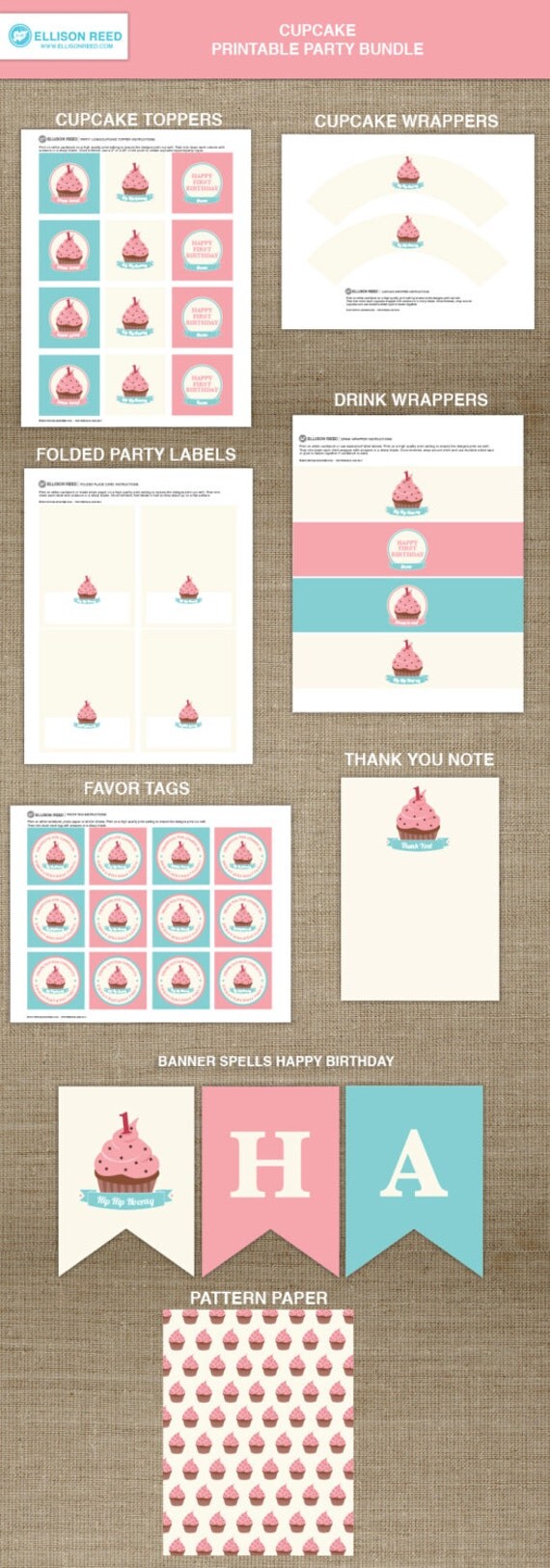 First Birthday Printable Party - Cupcake Printable - Cupcake Birthday Party - Gril Birthday Party - Pink Birthday Printable - 1st Birthday Il_570xn