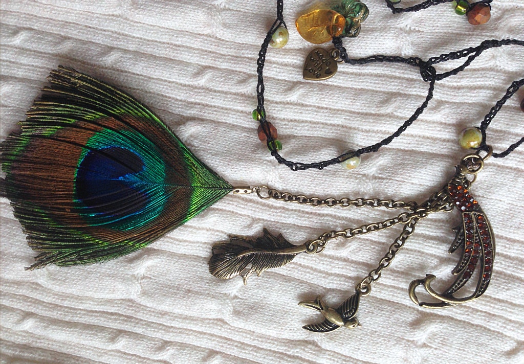 PEACOCK FEATHER Boho Chic Crochet Necklace: Green Czech Druks, Sunflower Fire Polished Glass Beads, Gemstone, Fairy Tale, Gift for Her OOAK - TwinklingOfAnEye