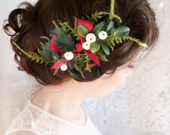 holiday hair clip, holly hairpiece, Christmas hairbow hair accessories, mistletoe floral headpiece -PRANCER- girls holiday hair accessory