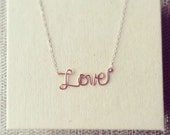 Sale.love wire necklace.Soft Pink Love. Sterling Silver.Gift ready. Cursive word. Seed embedded card to plant. - GiftsWithScents