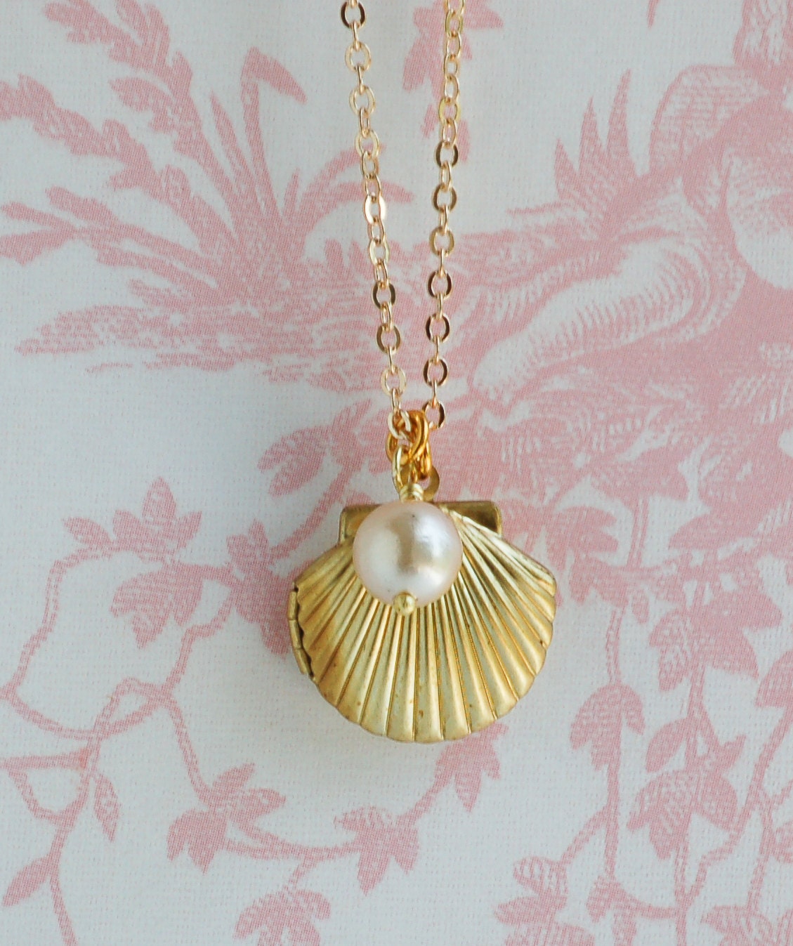 Gold Shell Locket Necklace Seashell Necklace Ocean Nautical