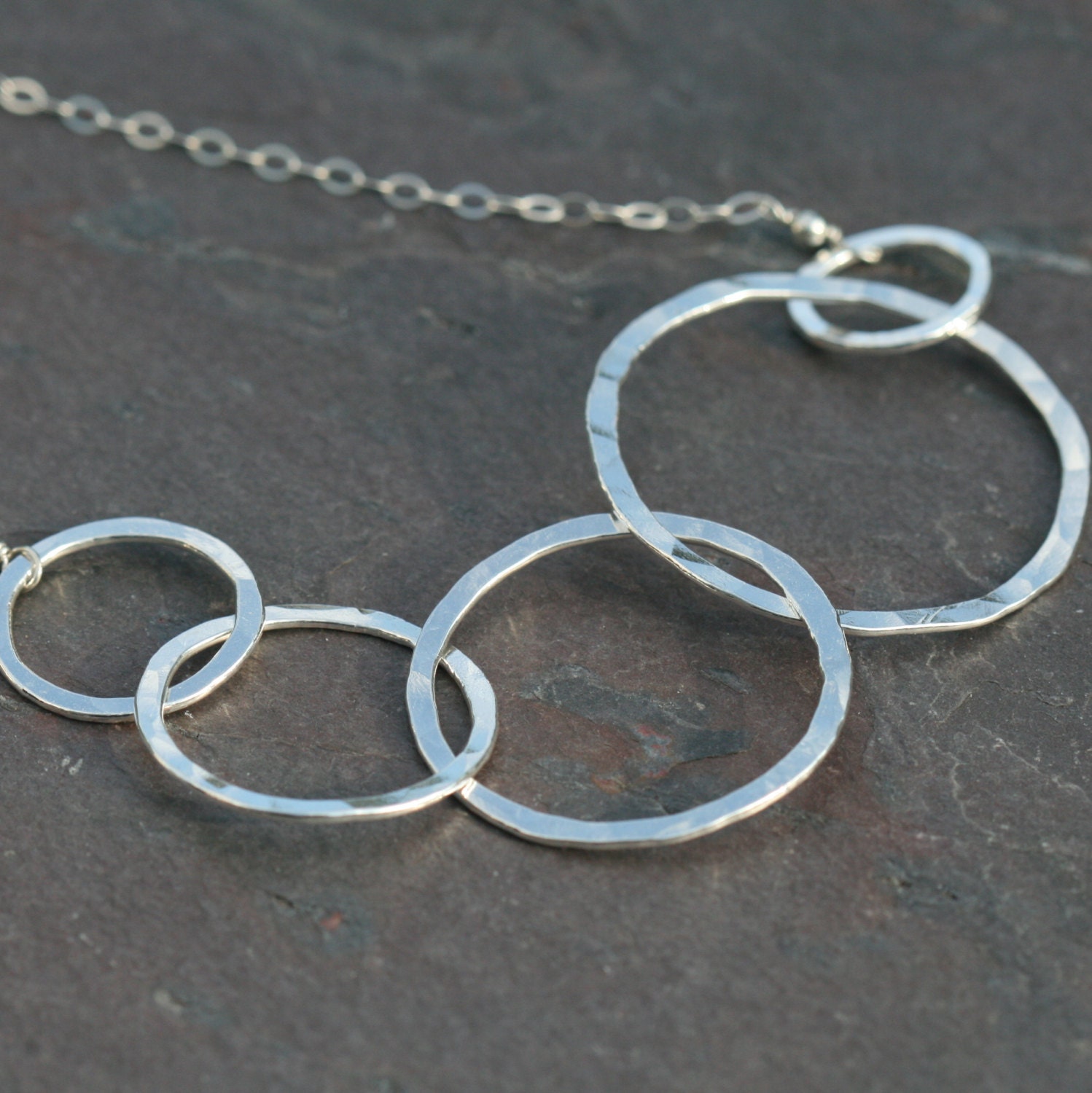 Linked Hammered Circles Necklace Fine Silver Asymmetrical I by Maggie McMane Designs