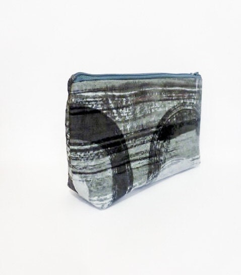 Large Zipper Pouch Cosmetic Bag Toiletry Bag Grey and Black Abstract Swirls - handjstarcreations