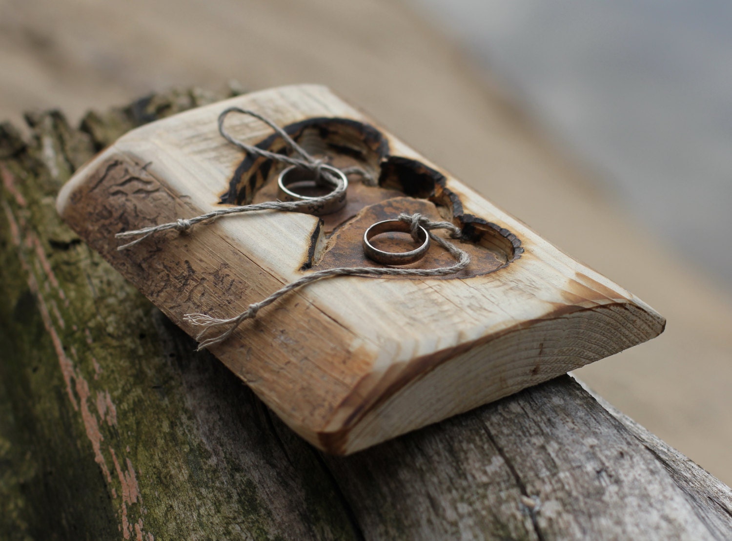 Rustic Wood Ring Bearer Pillow With Two Hearts For Rustic