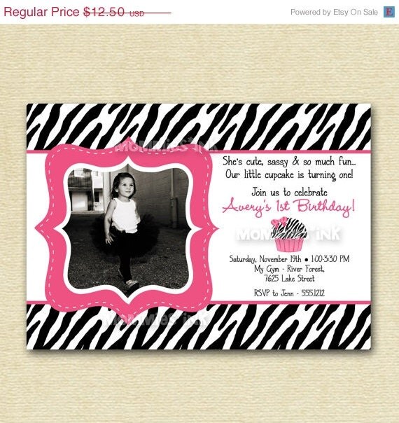 10% Off Holiday Sale Mod Hot Pink Zebra Cupcake Photo Birthday Invite - PRINTABLE INVITATION DESIGN Il_570xn
