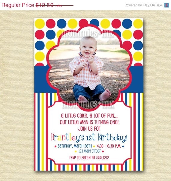 10% Off Holiday Sale Primary Colors Dots and Stripes Photo Birthday Invite - PRINTABLE INVITATION DESIGN Il_570xn