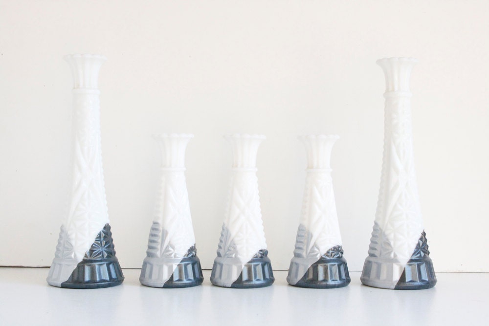 Ombre Milk Glass Vase Set, Silver Winter Wedding Decor - FalconandFinch