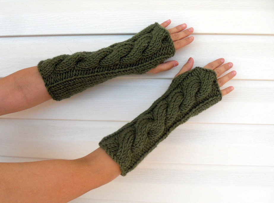 Arm Warmers, Hand Knit Fingerless Mittens, Fingerless Gloves, Cable Knit Gloves, Military Green Gloves, Soft Warm