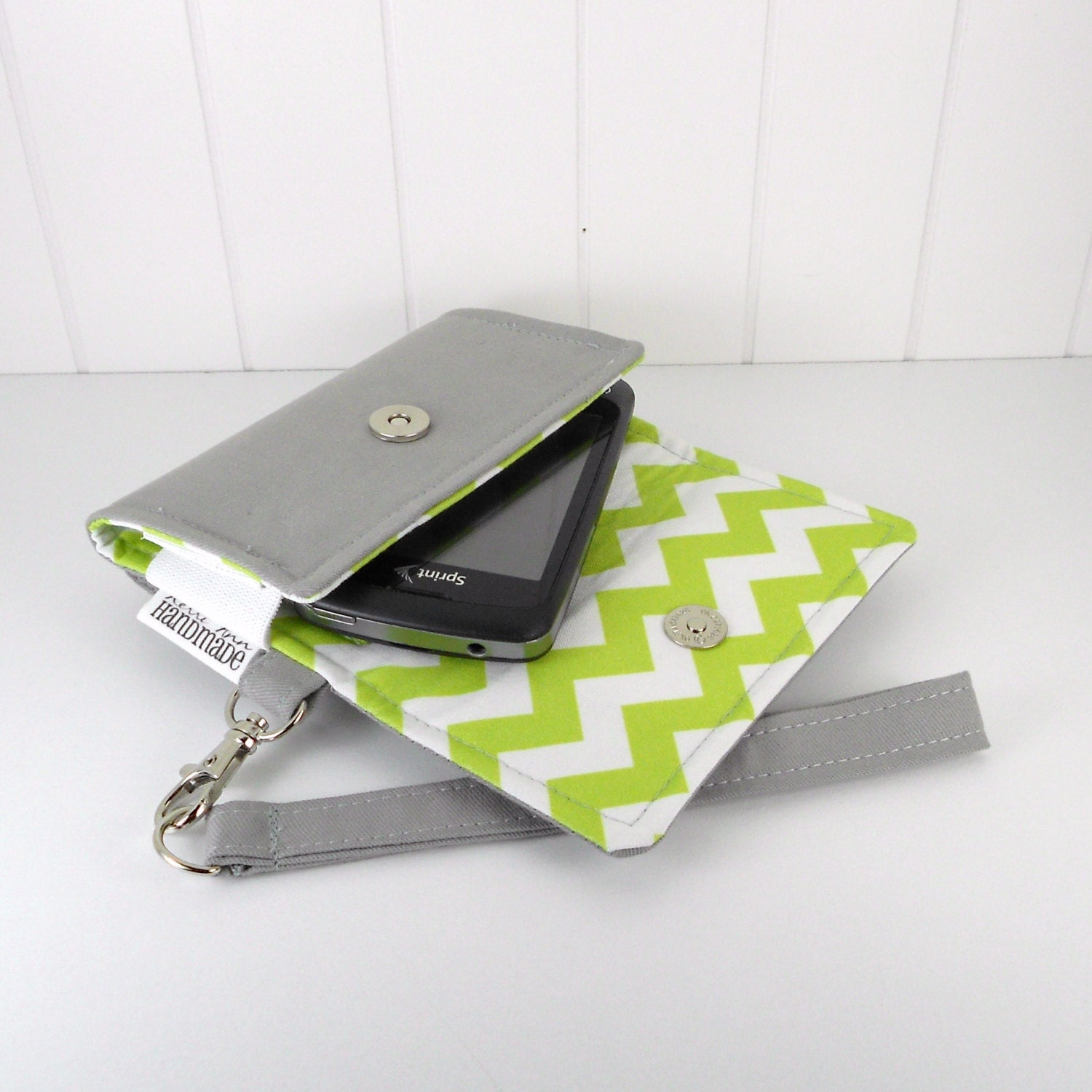 The Errand Runner - Cell Phone Wallet - Wristlet - for iPhone/Android - Gray/Chevron in Chartreuse
