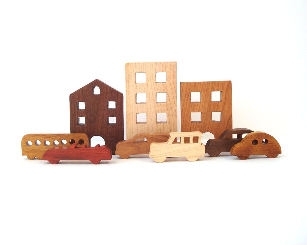 City Toy Set Waldorf Wooden Miniature 9 Pieces Buildings Cars Wood Urban Streetscape