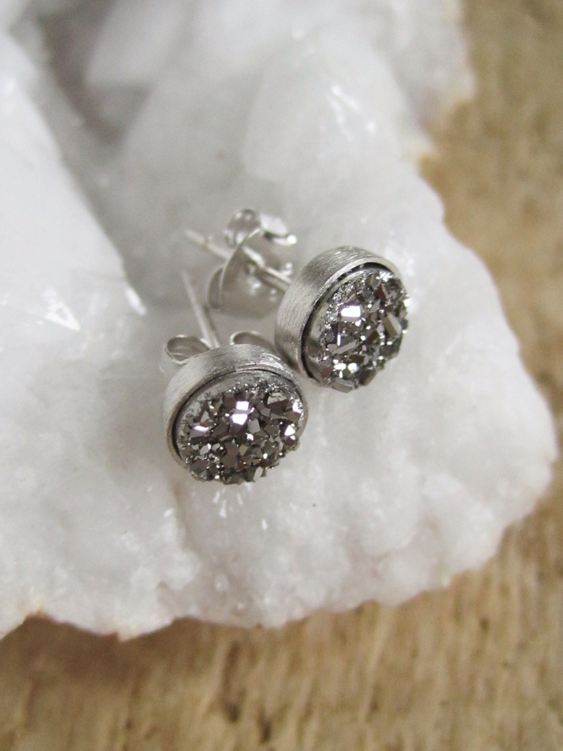 Tiny Silver Druzy Earrings Titanium Drusy Quartz Studs Sterling Silver Bezel Set Rhodium Plated