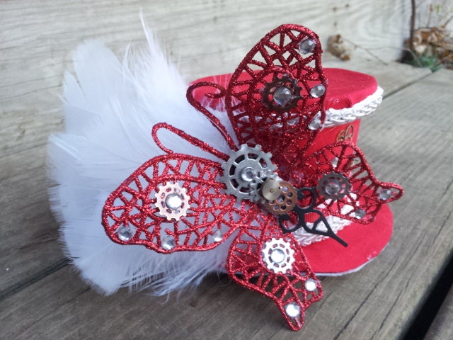 Red and White Butterfly Feather Steampunk Mini Top Hat Fascinator