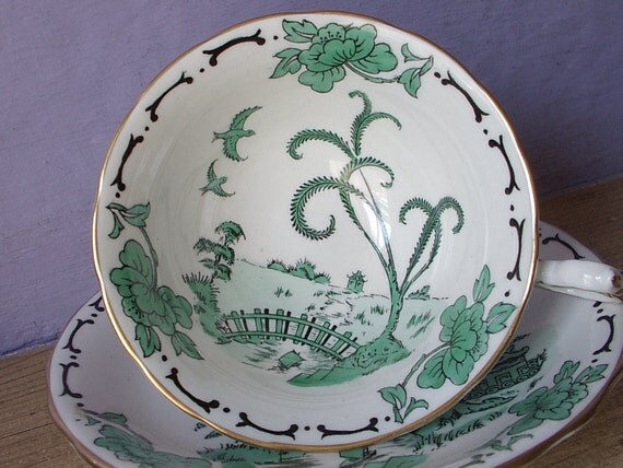 Antique Royal Chelsea English tea cup set green by ShoponSherman