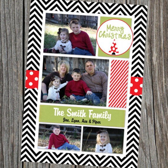 Printable Chevron Holiday Photo Card. Personalized Christmas Card. Chevron and Polka Dot Christmas Card. Il_570xn