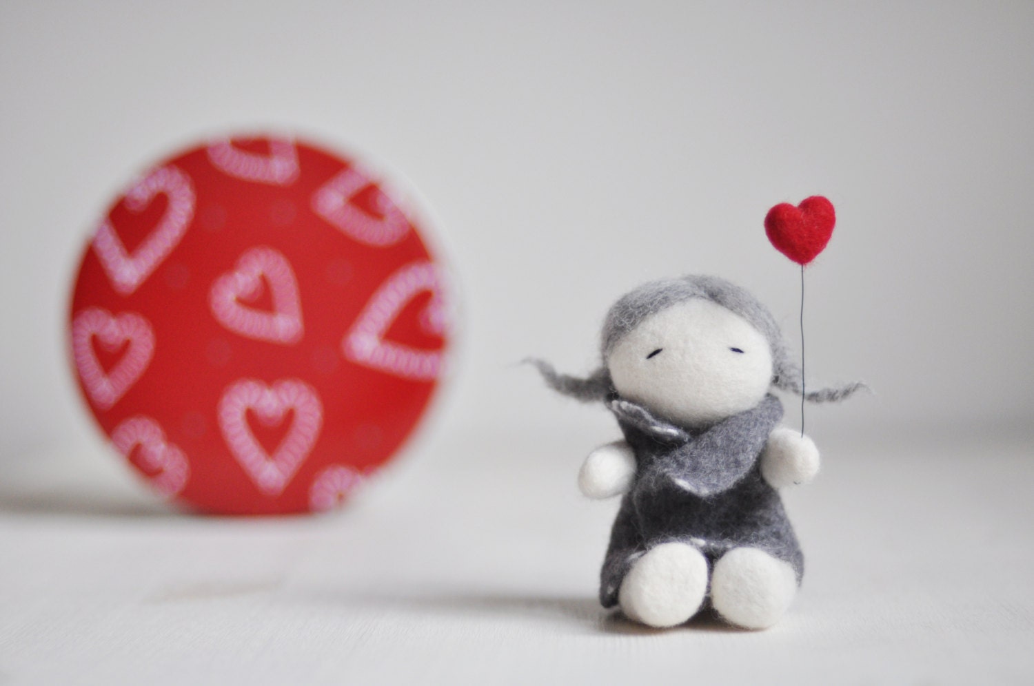 READY TO SHIP - Needle felted home decoration/ Lovely girl with red heart / Felted doll / Wool sculpture / Grey Red / Valentine's day gift - ShpilkaFelt