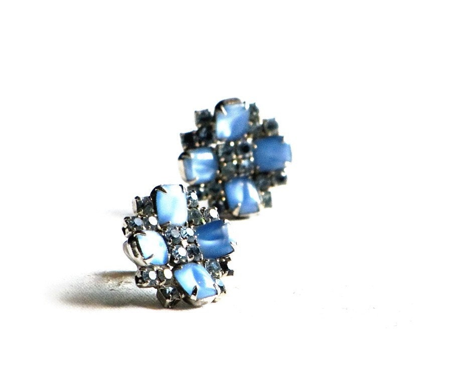 Sky Blue Moonglow Earrings, Blue Flowers, Blue Rhinestone and Thermoset Moonglow Clips - recreated1