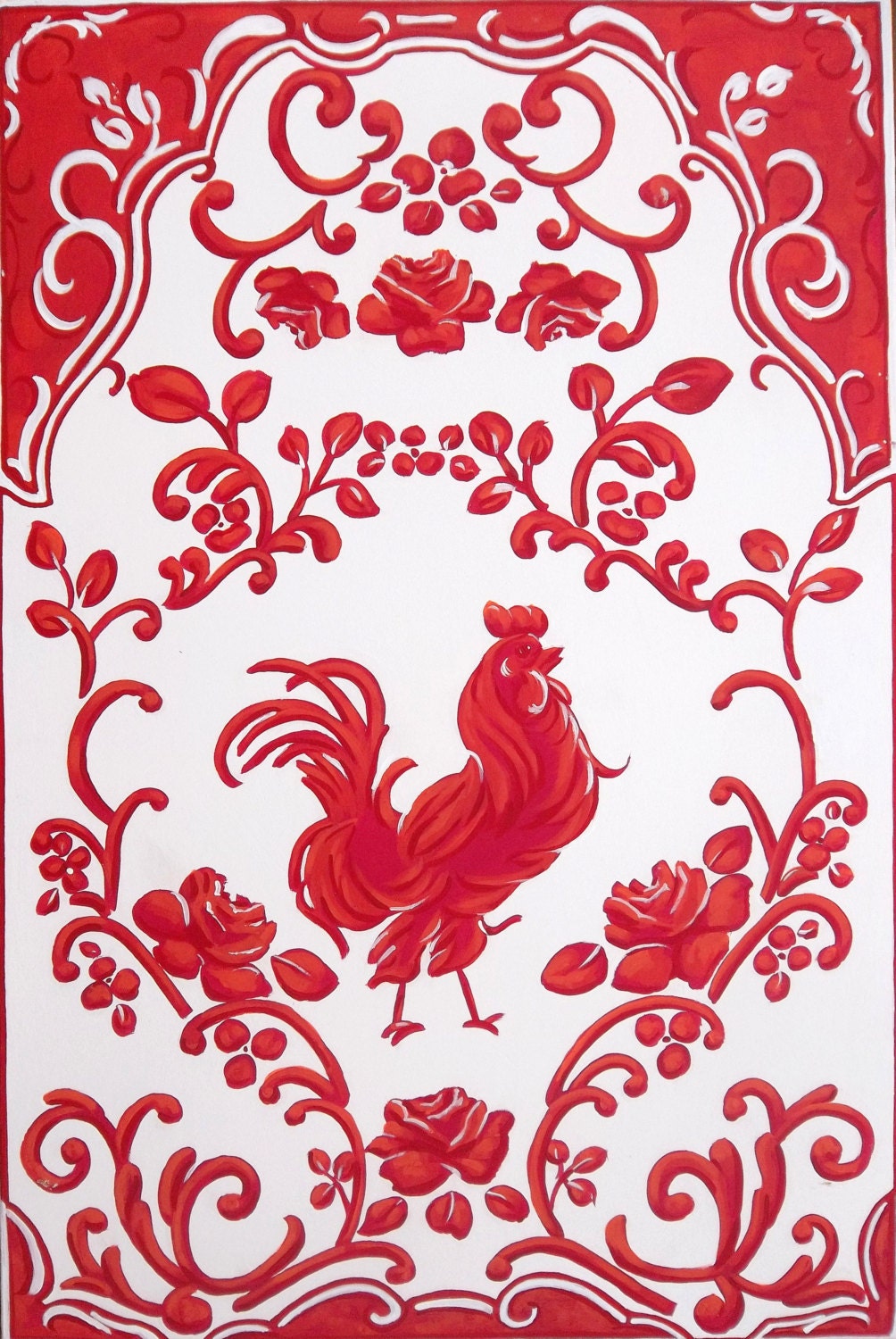 red rooster painting french country toile wall decor folk art shabby cottage red and white toile  rococo victorian  art  decorative ornament