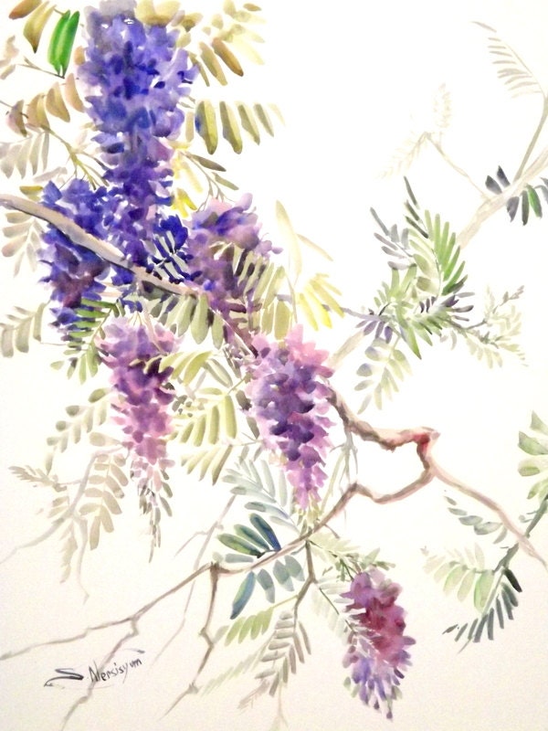 Wisteria Original Watercolor Painting X In Purple