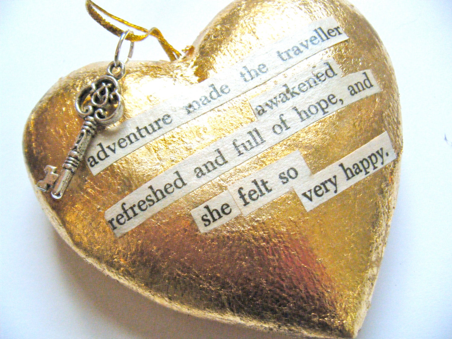 OOAK Gold Heart Found Poetry Ornament Wall Art Poem Upcycled Recycled Paper Repurposed Book Wizard of Oz Adventure Traveler Words Happy Key - HeidiKindFinds