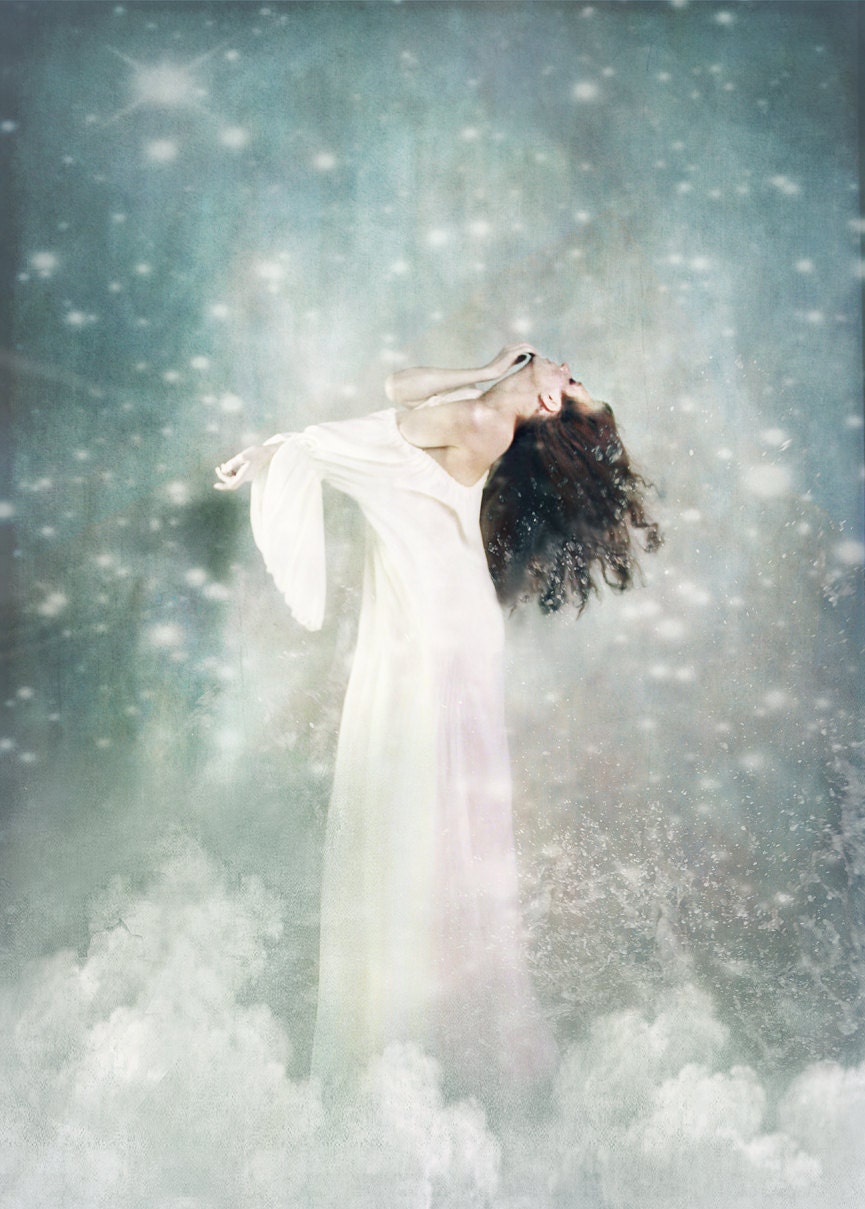 Title: Wishful Ascensions. Woman in a white gown floating upward in a cloud focusing upward. - SpokeninRed Title: Wishful Ascensions. Woman in a white gown floating upward in a cloud focusing upward. - SpokeninRed