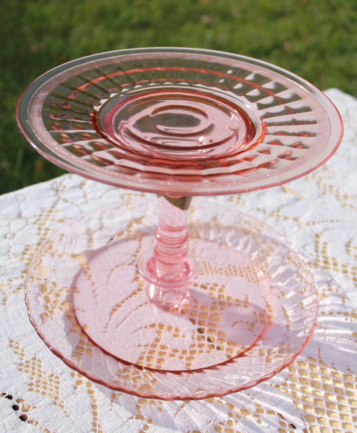 OOAK two tiered pink depression glass cake stand. by GypsyJunkster