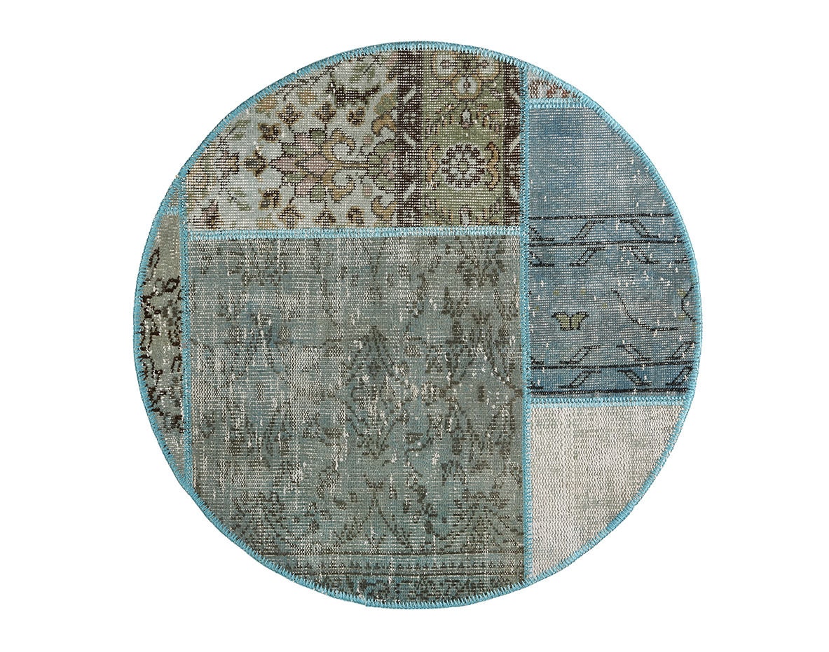 39 Inches Circular Round Turquoise Color Patchwork Rug Handwoven