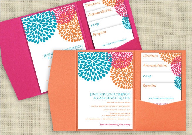 Pocket Wedding Template Set - DOWNLOAD Instantly - EDITABLE TEXT - Chrysanthemum (Malibu, Fuchsia & Orange)  - Microsoft Word Format
