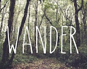 IN STOCK Wander, Autumn, Forest Path, Woodland Wall Art, Wanderlust Photo, Fall, Green, Golden, Fallen Leaves, Wanderlust 8x8 Photo Print - StudioClaire