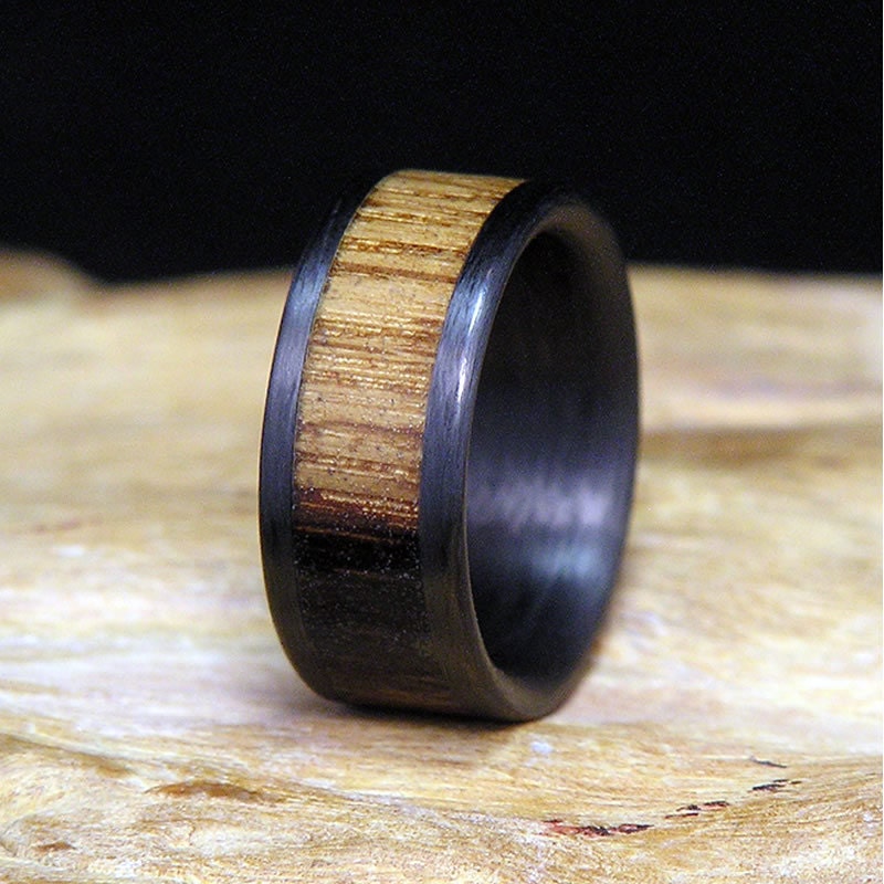 Jack Daniels Barrel Wood Inlay Carbon Fiber Wedding Band or Ring