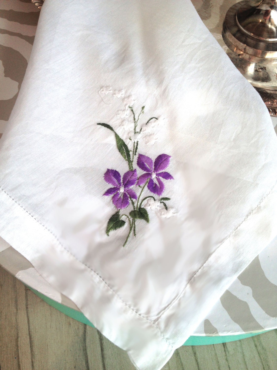 Vintage Handkerchief Vintage Hankies Handkerchiefs Embroidered Flowers Purple on White Hankie Wedding Keepsake Gift Hope Chest - TastefulTikes