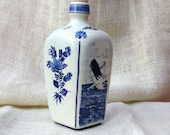 Unique square shaped Delft Blue Decanter with lighthouse and whale fishing scenes - TrellisLaneVintage