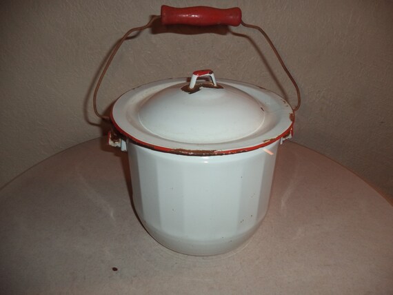 Porcelain enamel chamber pot bucket with lid Antique Vintage