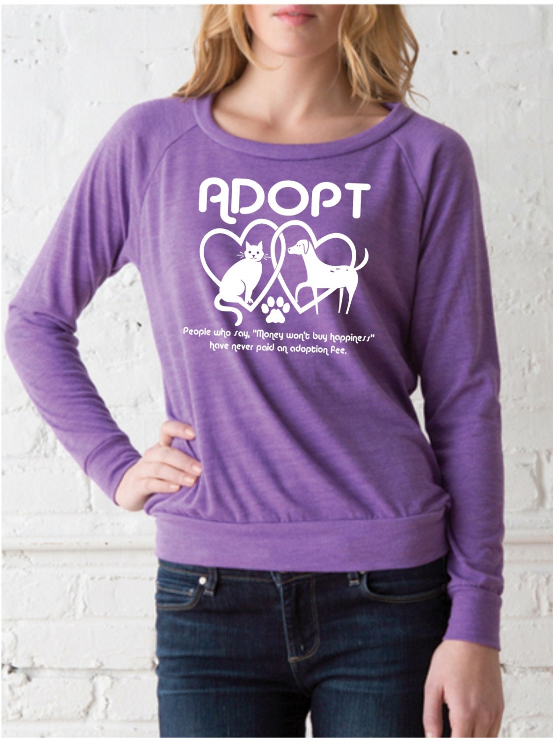 Animal Rescue shirt / Adopt tshirt / Slouchy Raglan Pullover / Radiant Orchid / Womens Long Sleeve / cat shirt / dog shirt / purple