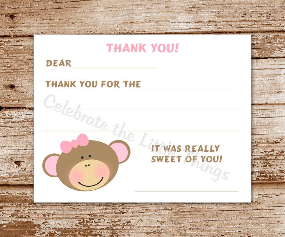 Printable / Monkey Fill-In Thank You Cards for Kids / Girl (Instant Download) Il_570xn