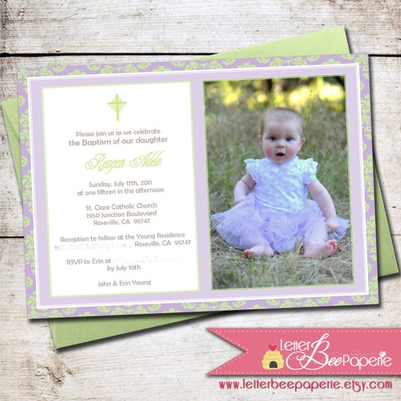 Modern Damask Girl's Photo Baptism / Christening Invitation - Choose Your Colors - DIY Printable Invite - First Communion, Confirmation Car Il_570xn