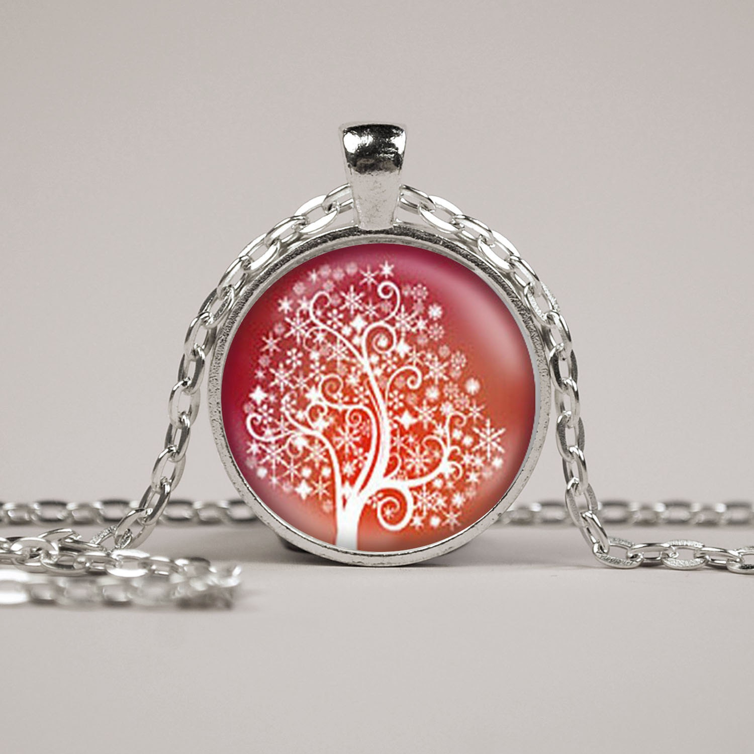 Red and White Snowflake Tree Pendant Necklace or Keyring Glass Art Print Jewelry Charm Gifts for Her or Him Tree of Life Christmas