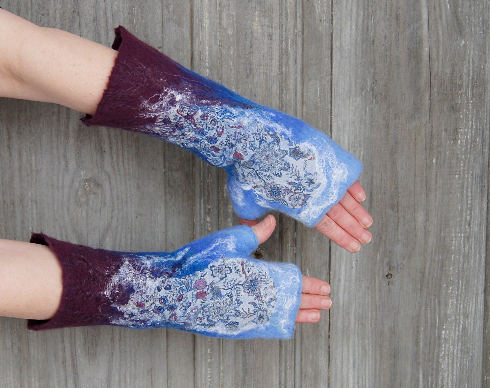 Hand felted long mittens , blue and dark purple, decorated with silk fabric, bamboo fibers and natural silk cobweb . OOAK - filcAlki