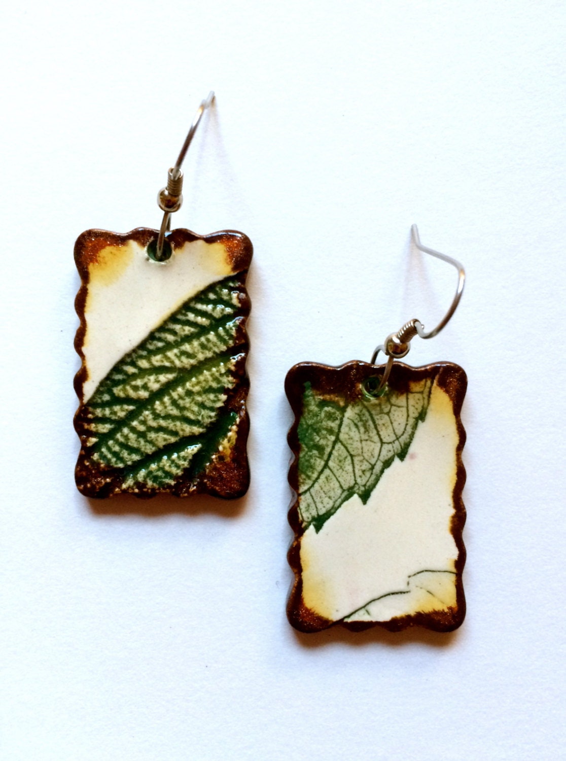 Small Green-Copper Ceramic Leaf Rectangle Earrings - AlainaSheenDesigns