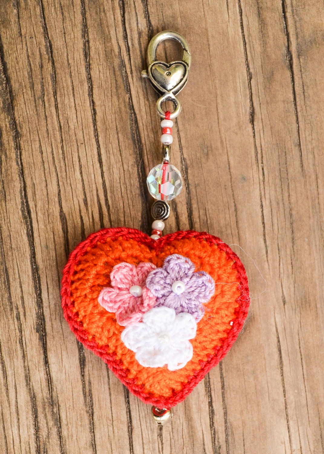 Items similar to Crochet heart key chain with flowers and beads on Etsy
